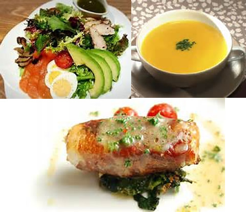 夜：緑黄色野菜のサラダ、野菜の煮物や野菜スープ、魚や肉